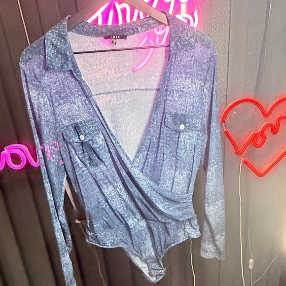iris Tops - IRIS Sheer Mesh Crossover Bodysuit with Pockets Size 1X